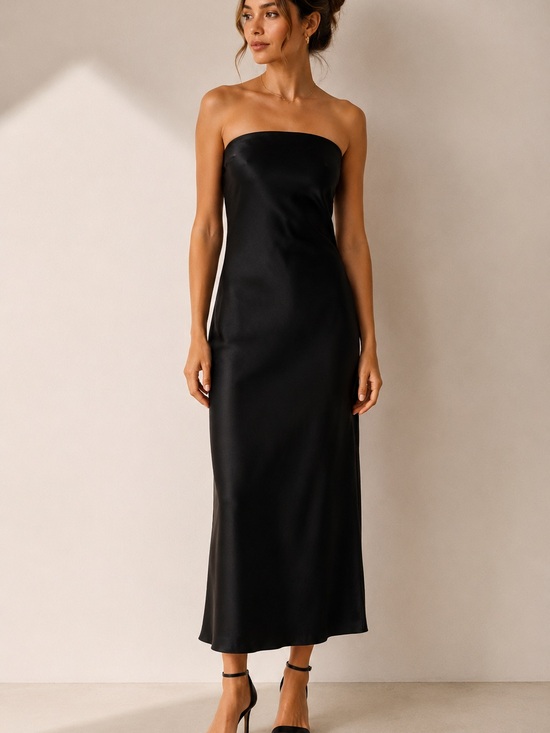 Express Dresses & Skirts - NWT Express Black Satin Strapless Midi Dress XS slightly Draped Side $78